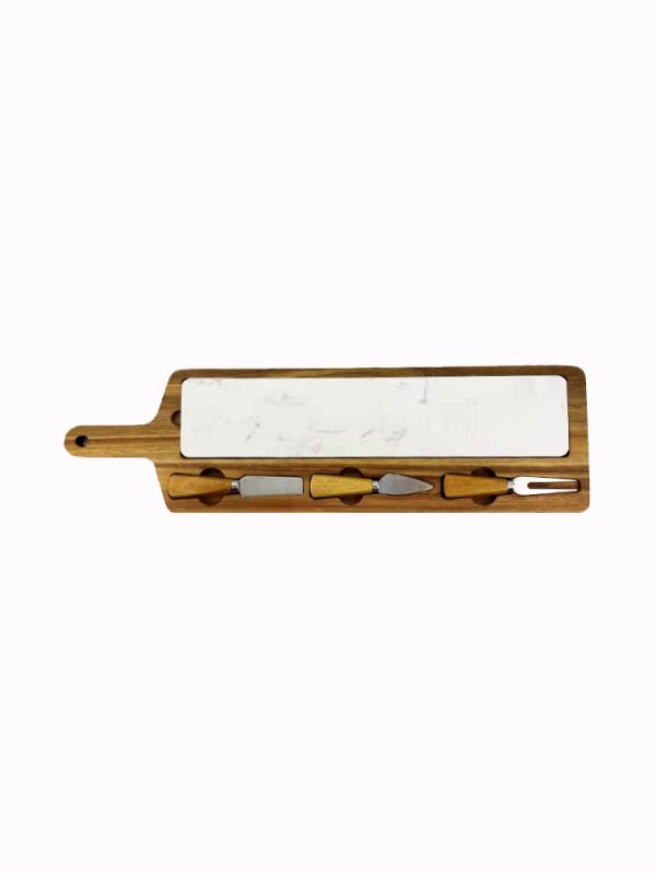 White Marble & Acacia Wooden Cheese Board - Includes 3 Piece Cheese Utensil Set