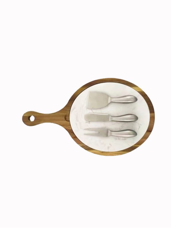 White Marble & Acacia Wooden Cheese handle Board - Includes 3 Piece Cheese Utensil Set
